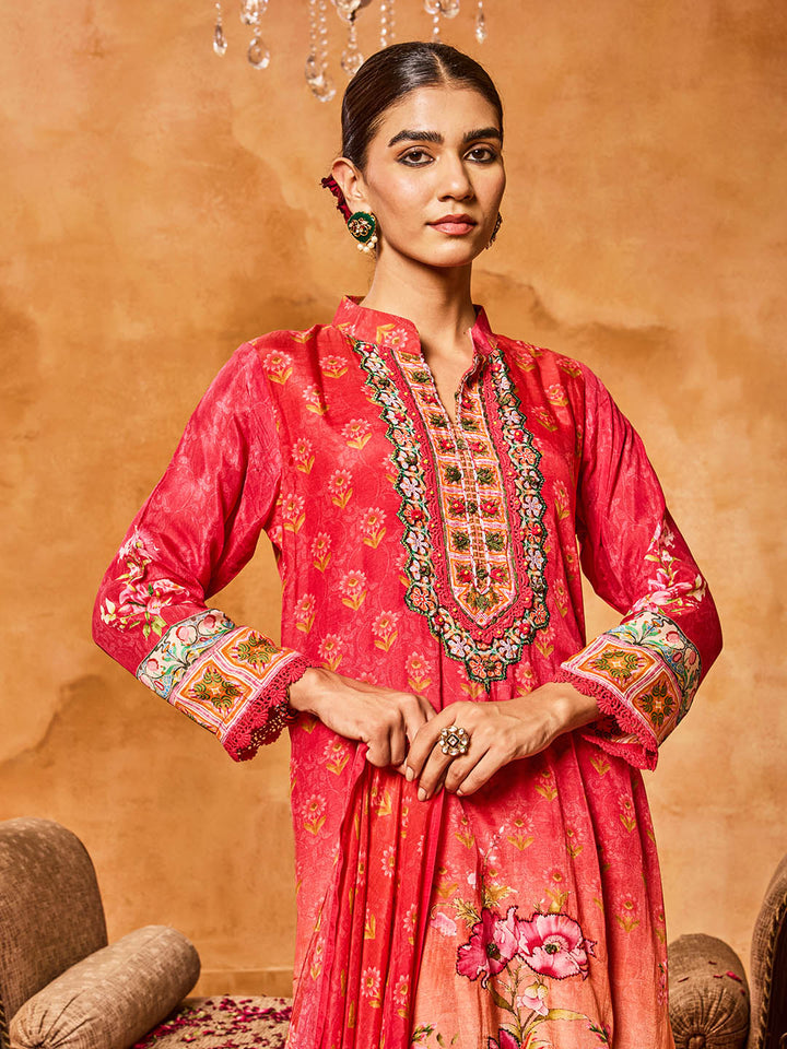 Embroidered Cotton Blend Kurta With Pants &amp; Dupatta