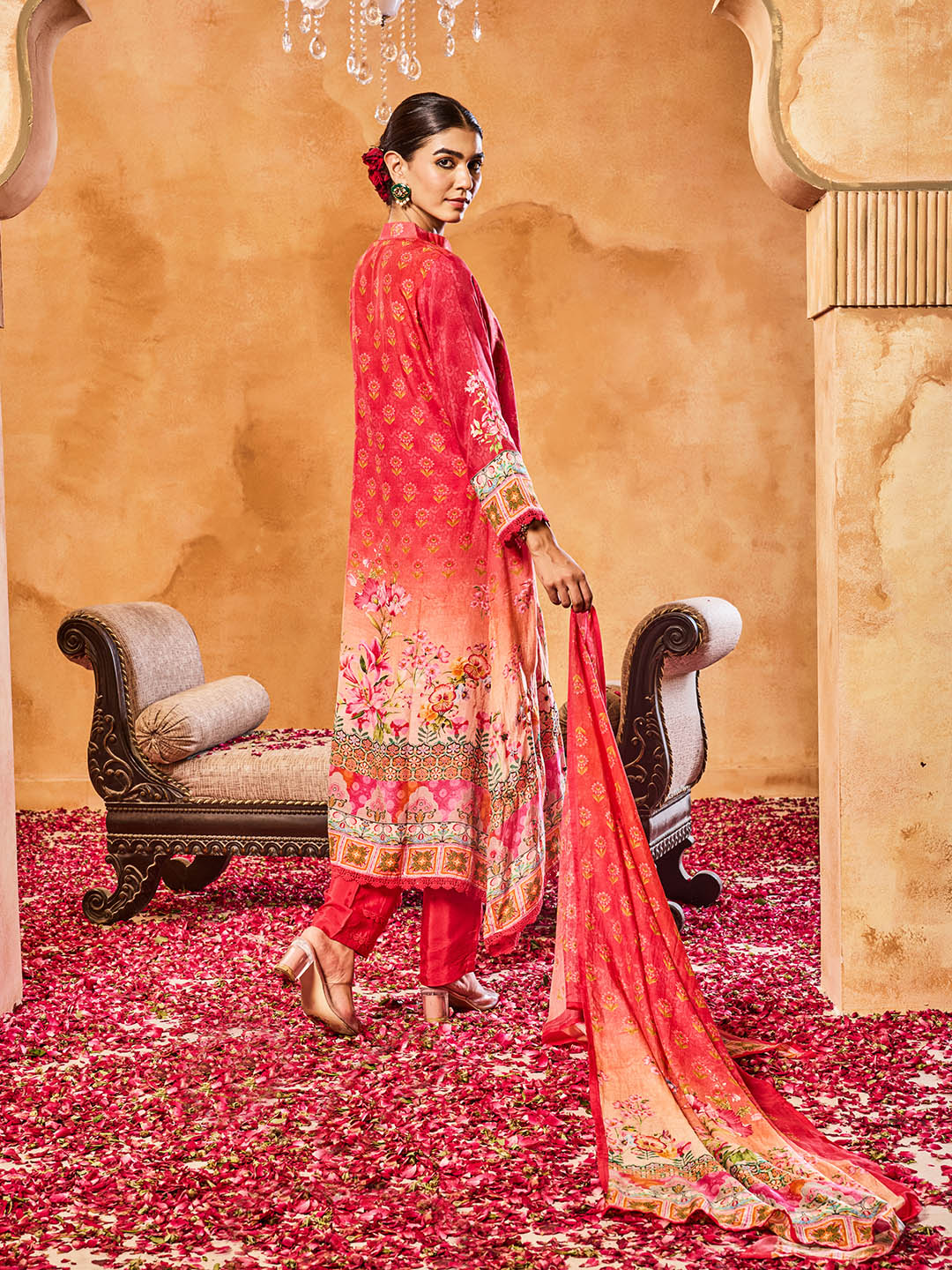 Embroidered Cotton Blend Kurta With Pants &amp; Dupatta