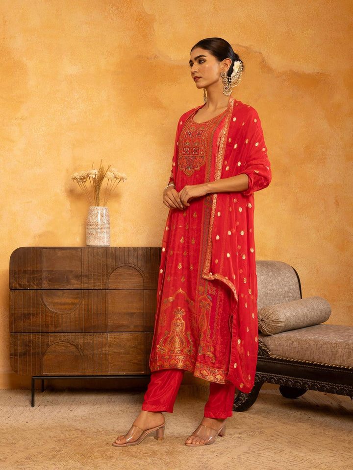 Printed Art Silk Kurta With Pants &amp; Dupatta