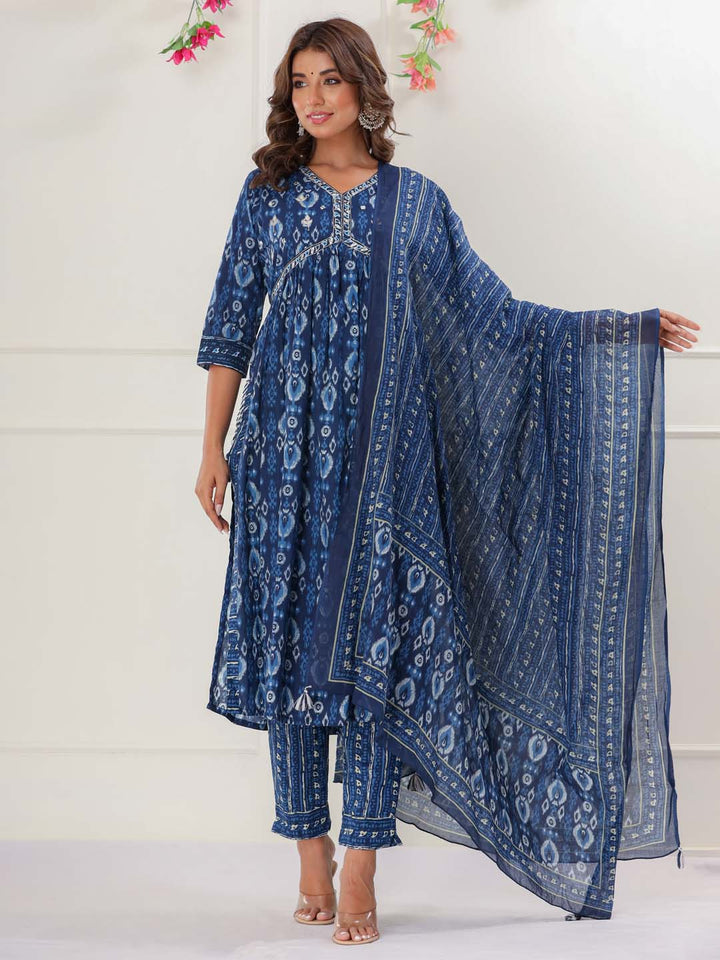 Floral Printed Cotton Kurta With Pants &amp; Dupatta