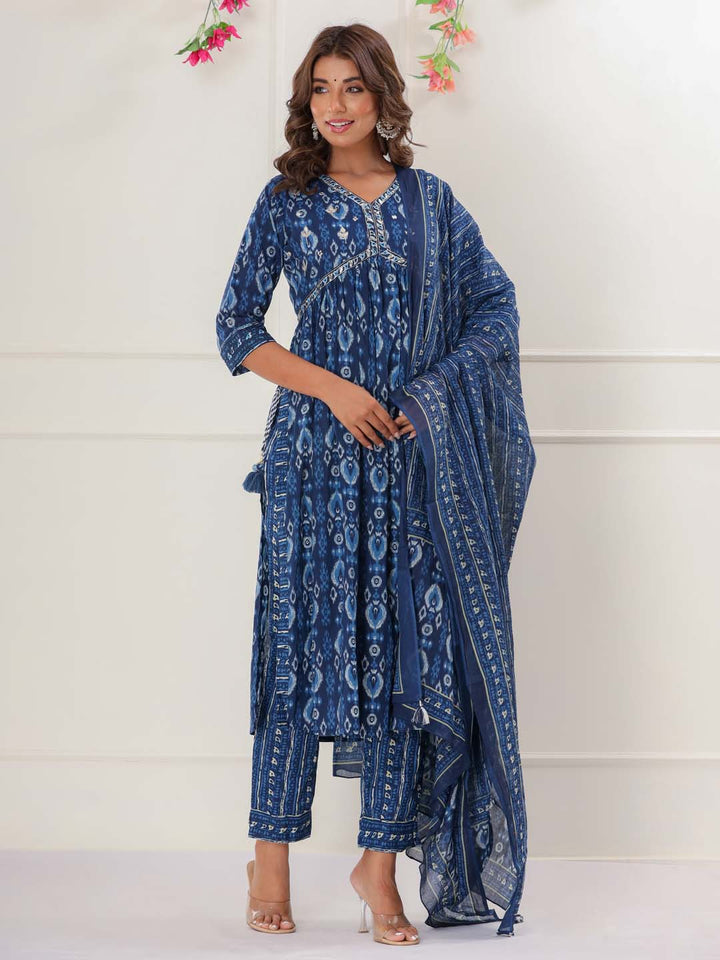 Floral Printed Cotton Kurta With Pants &amp; Dupatta