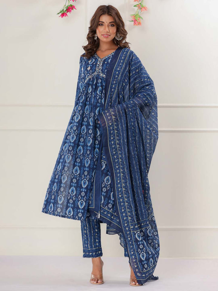 Floral Printed Cotton Kurta With Pants &amp; Dupatta
