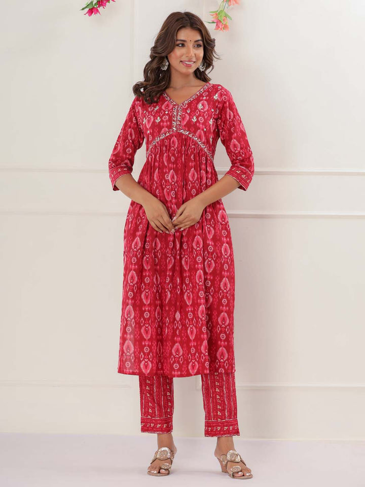 Floral Printed Cotton Kurta With Pants &amp; Dupatta