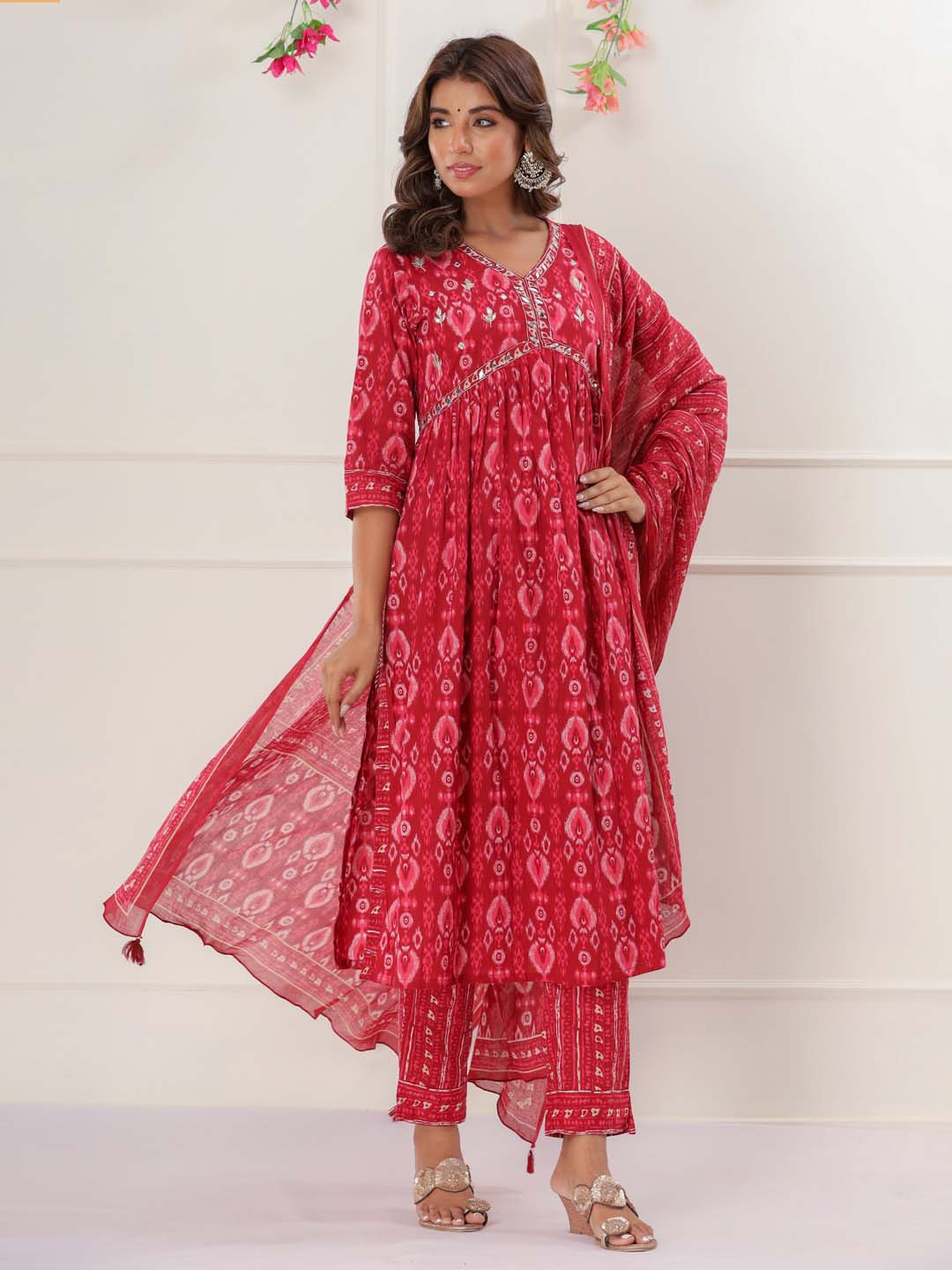 Floral Printed Cotton Kurta With Pants &amp; Dupatta