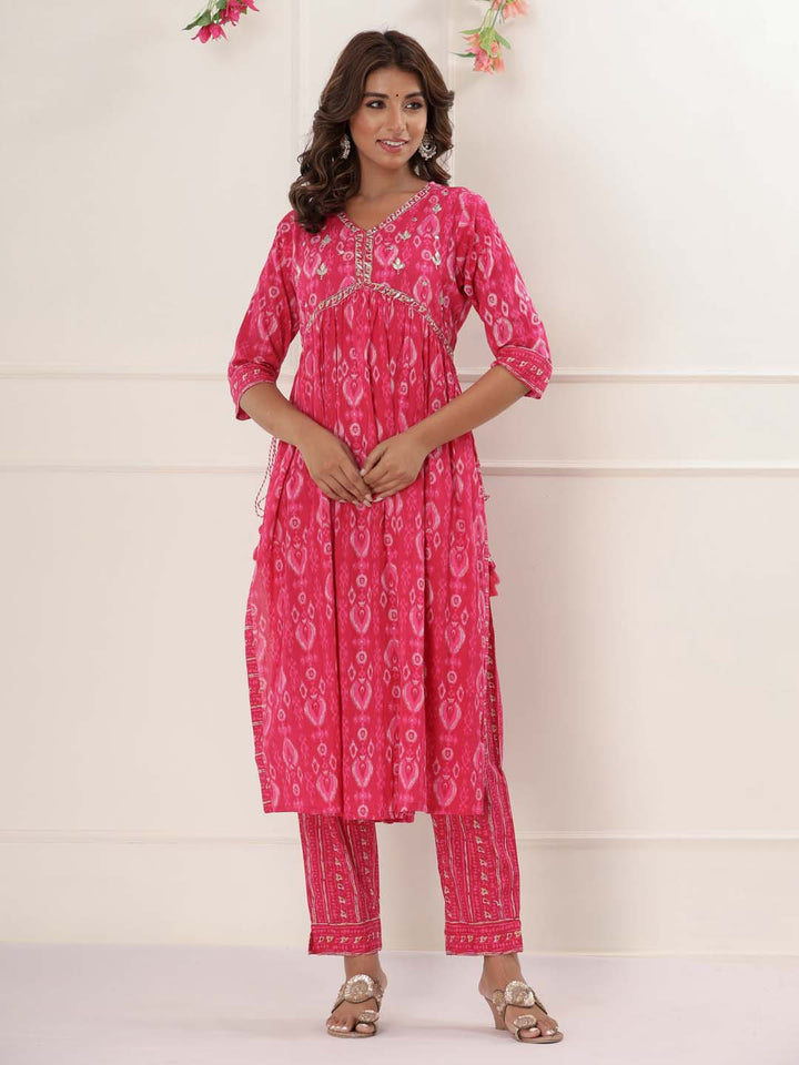 Floral Printed Cotton Kurta With Pants &amp; Dupatta
