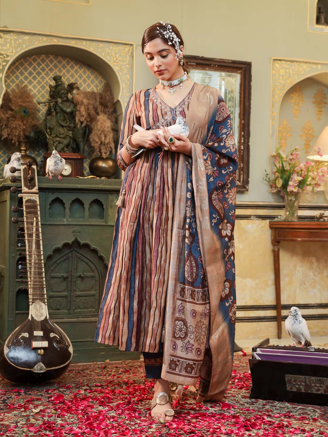 Printed Cotton Kurta With Pants &amp; Dupatta