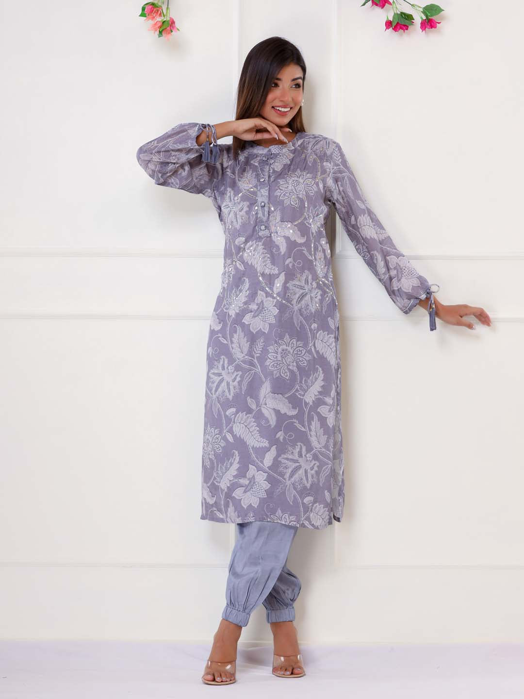 Floral Printed Muslin Kurta With Pants