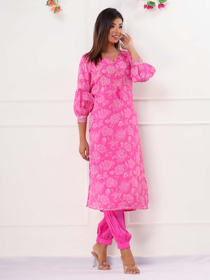 Floral Printed Muslin Kurta With Pants