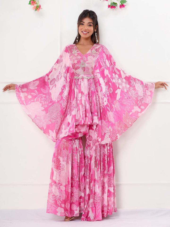 Floral Printed Chinnon Peplum Kurti With Garara