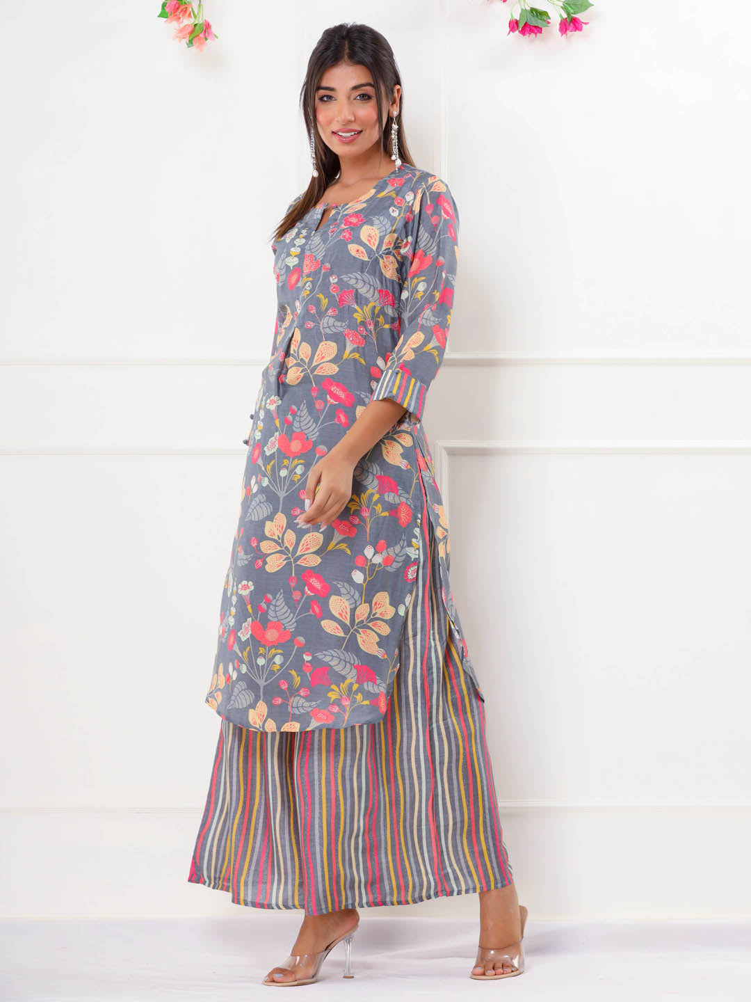 Floral Printed Muslin Kurta With Palazzo