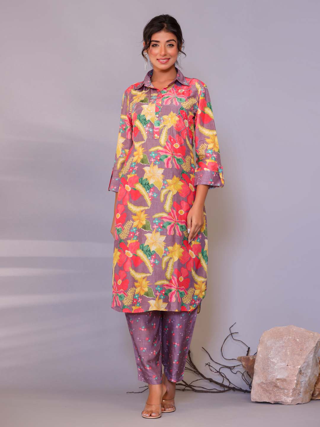 Floral Printed Muslin Kurta With Pants