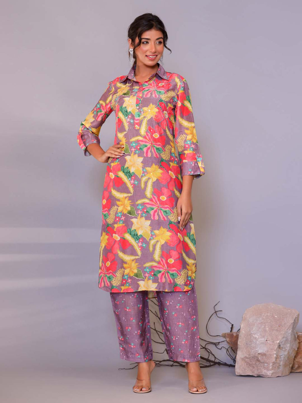 Floral Printed Muslin Kurta With Pants