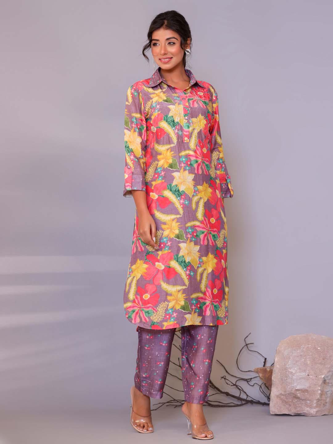 Floral Printed Muslin Kurta With Pants