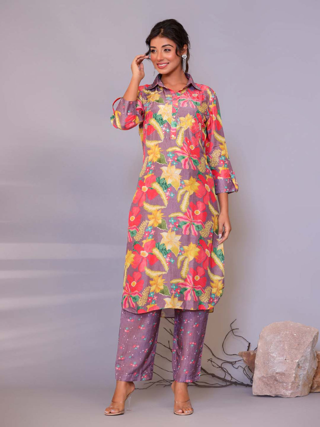 Floral Printed Muslin Kurta With Pants