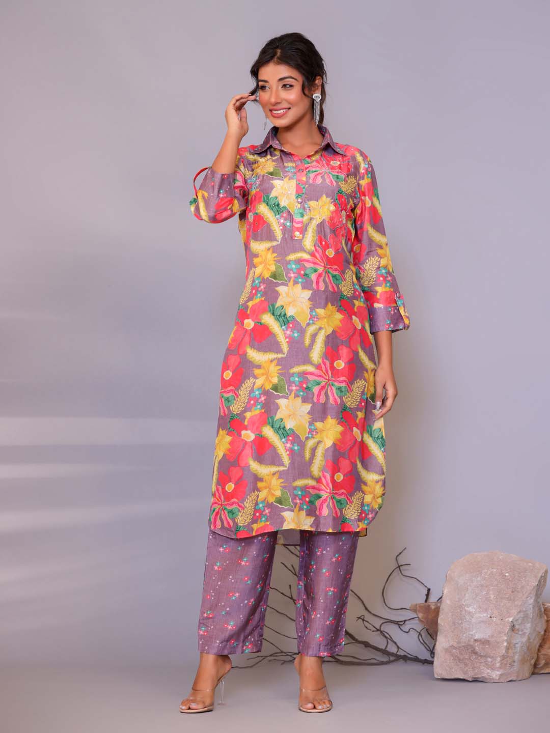 Floral Printed Muslin Kurta With Pants