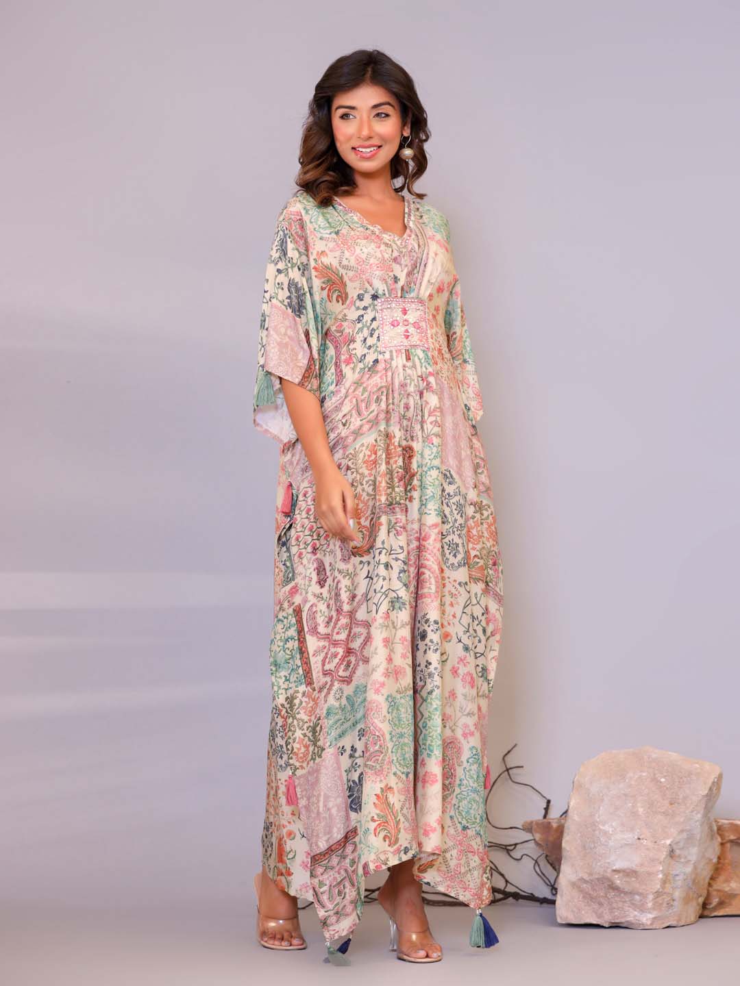 Floral Printed Muslin Kaftan Kurta