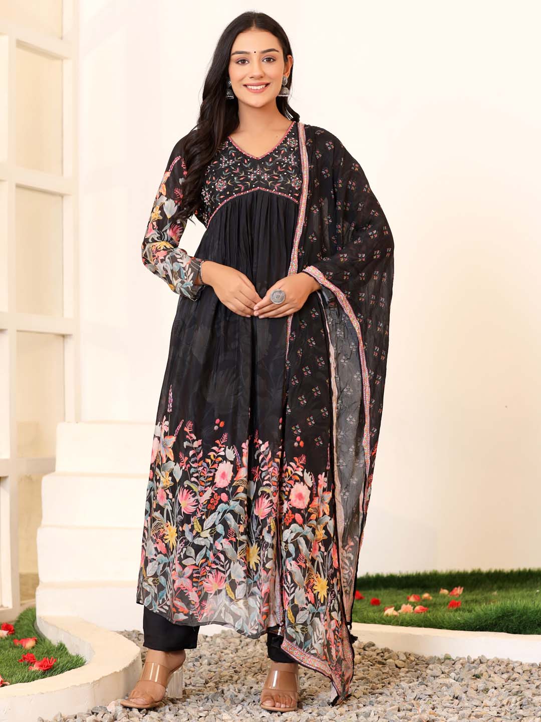 Floral Printed Georgette Kurta With Pants &amp; Dupatta