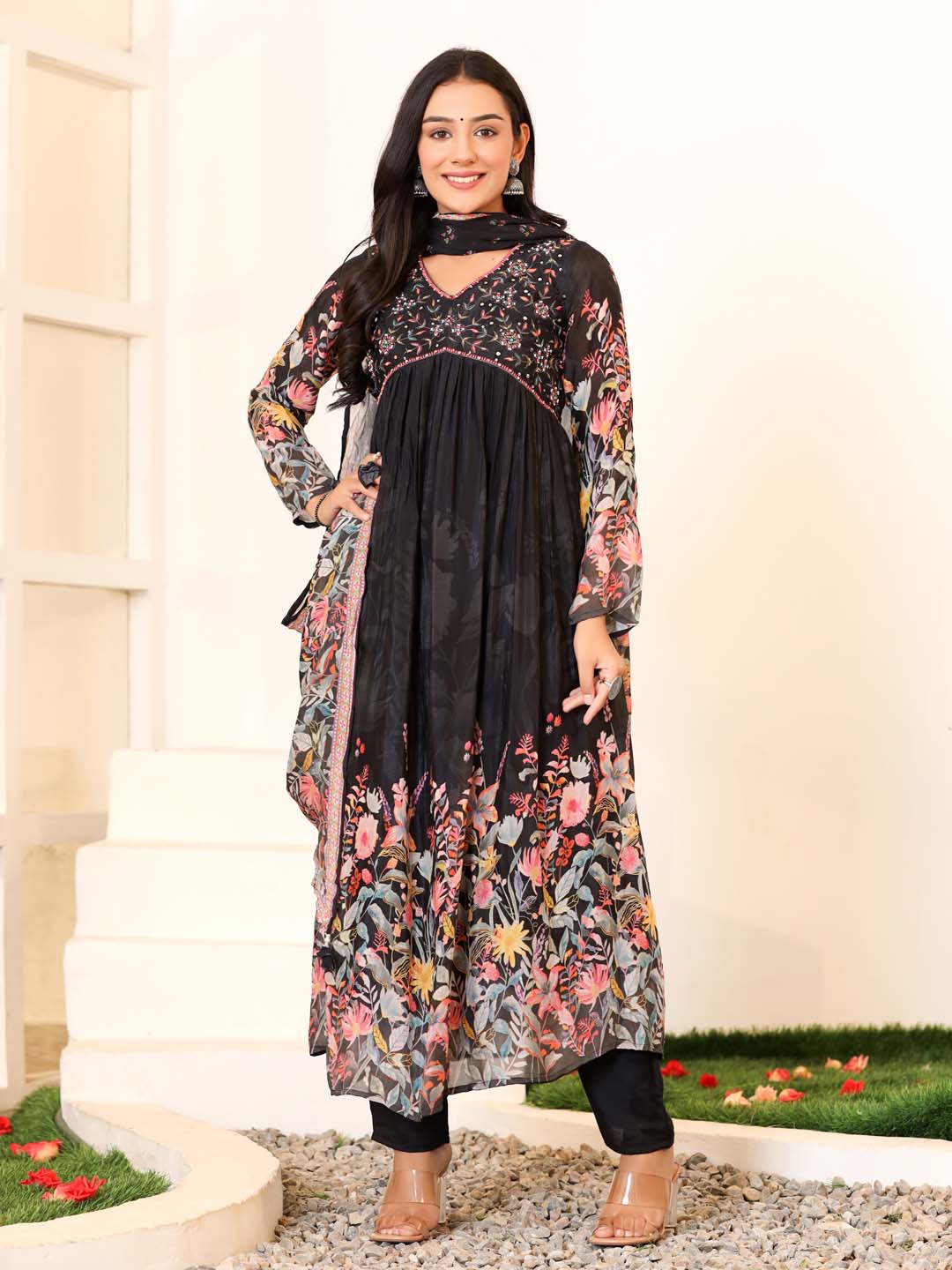 Floral Printed Georgette Kurta With Pants &amp; Dupatta