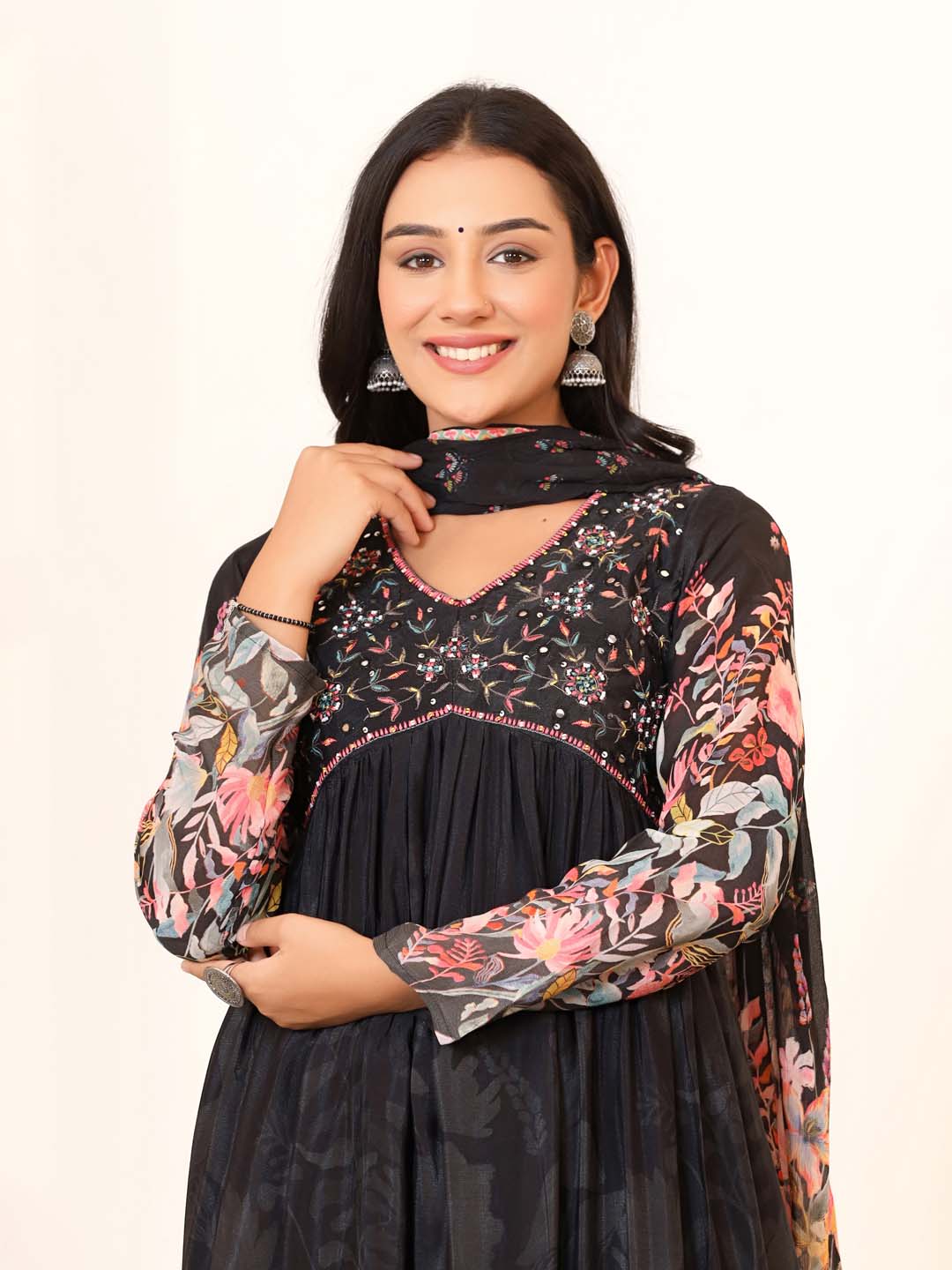 Floral Printed Georgette Kurta With Pants &amp; Dupatta