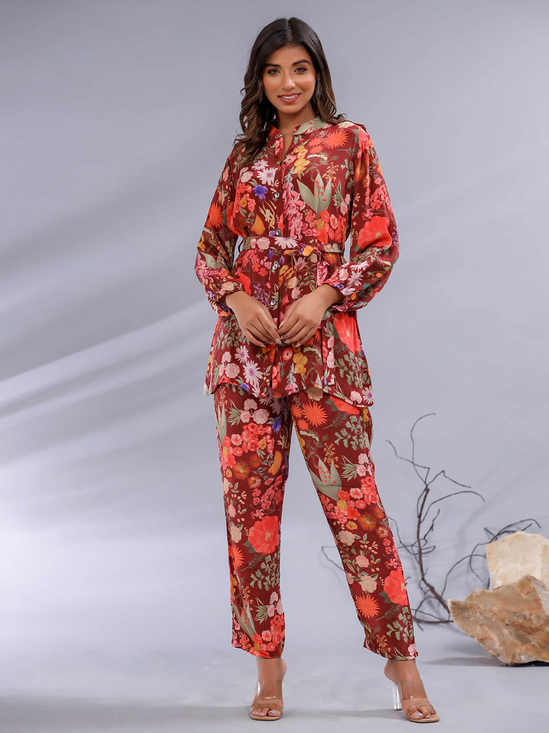 Floral Printed Crepe Co-Ord Set With Belt