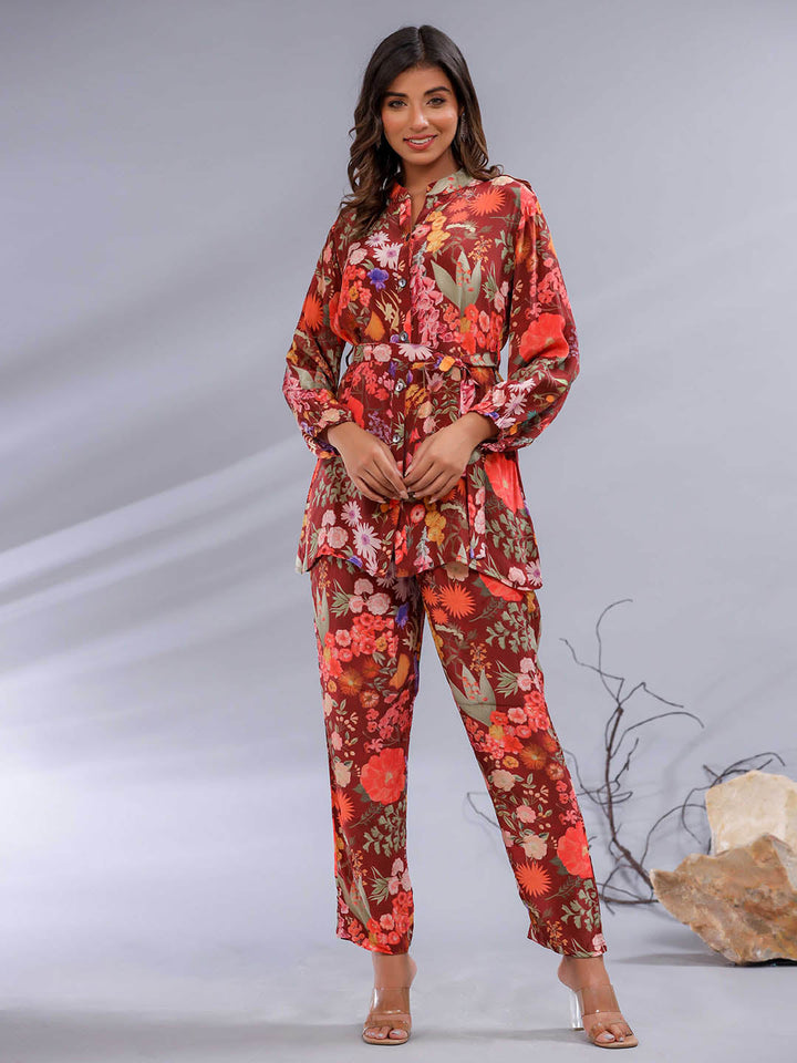Floral Printed Crepe Co-Ord Set With Belt