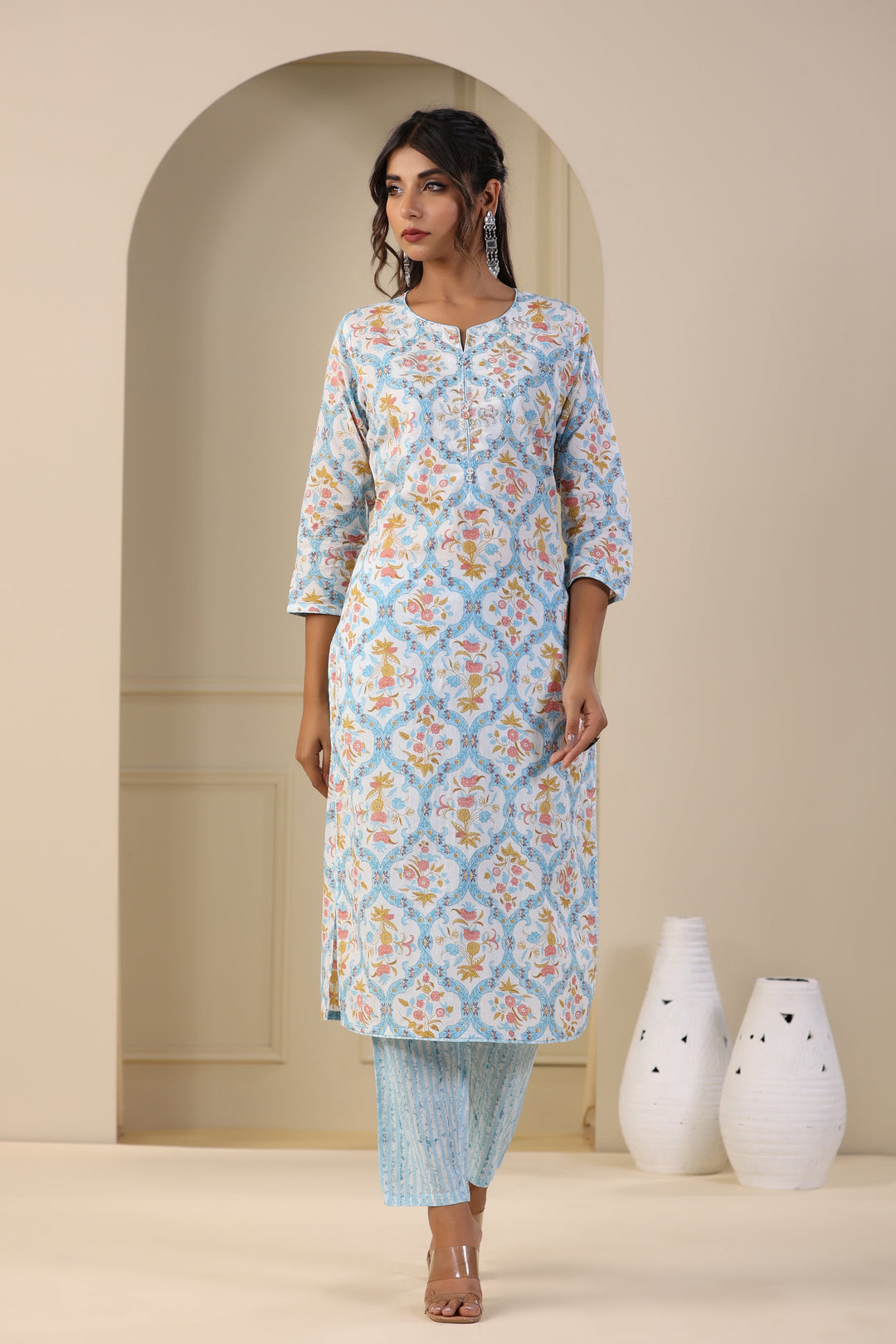 Printed Cotton Kurta With Pants &amp; Dupatta