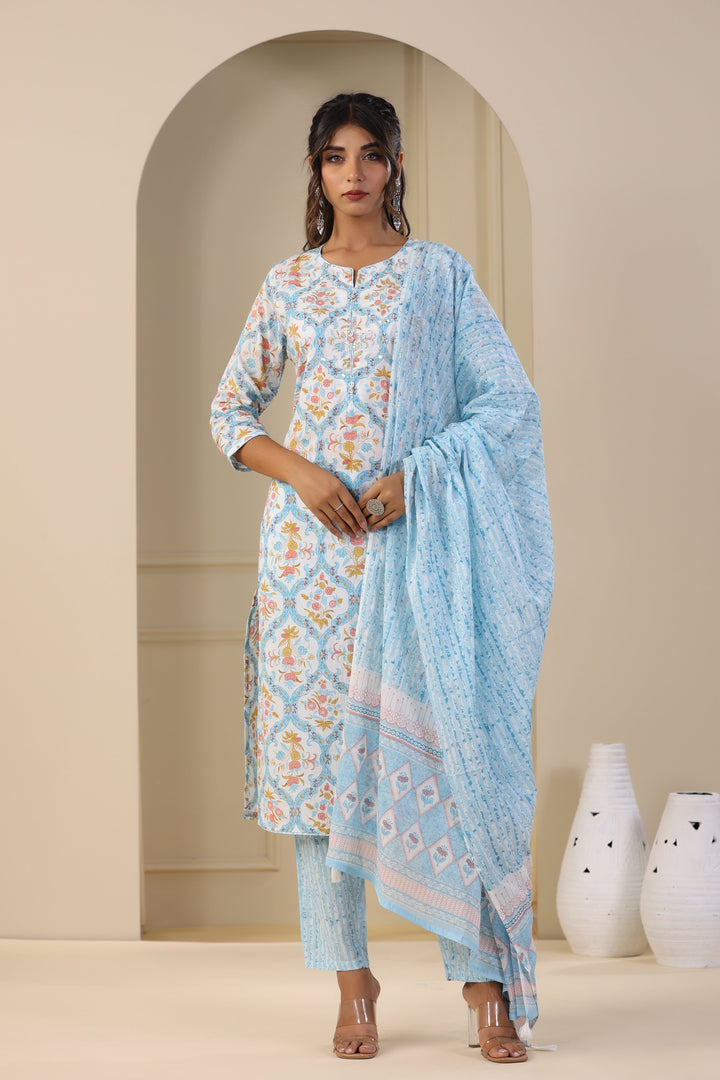 Printed Cotton Kurta With Pants &amp; Dupatta