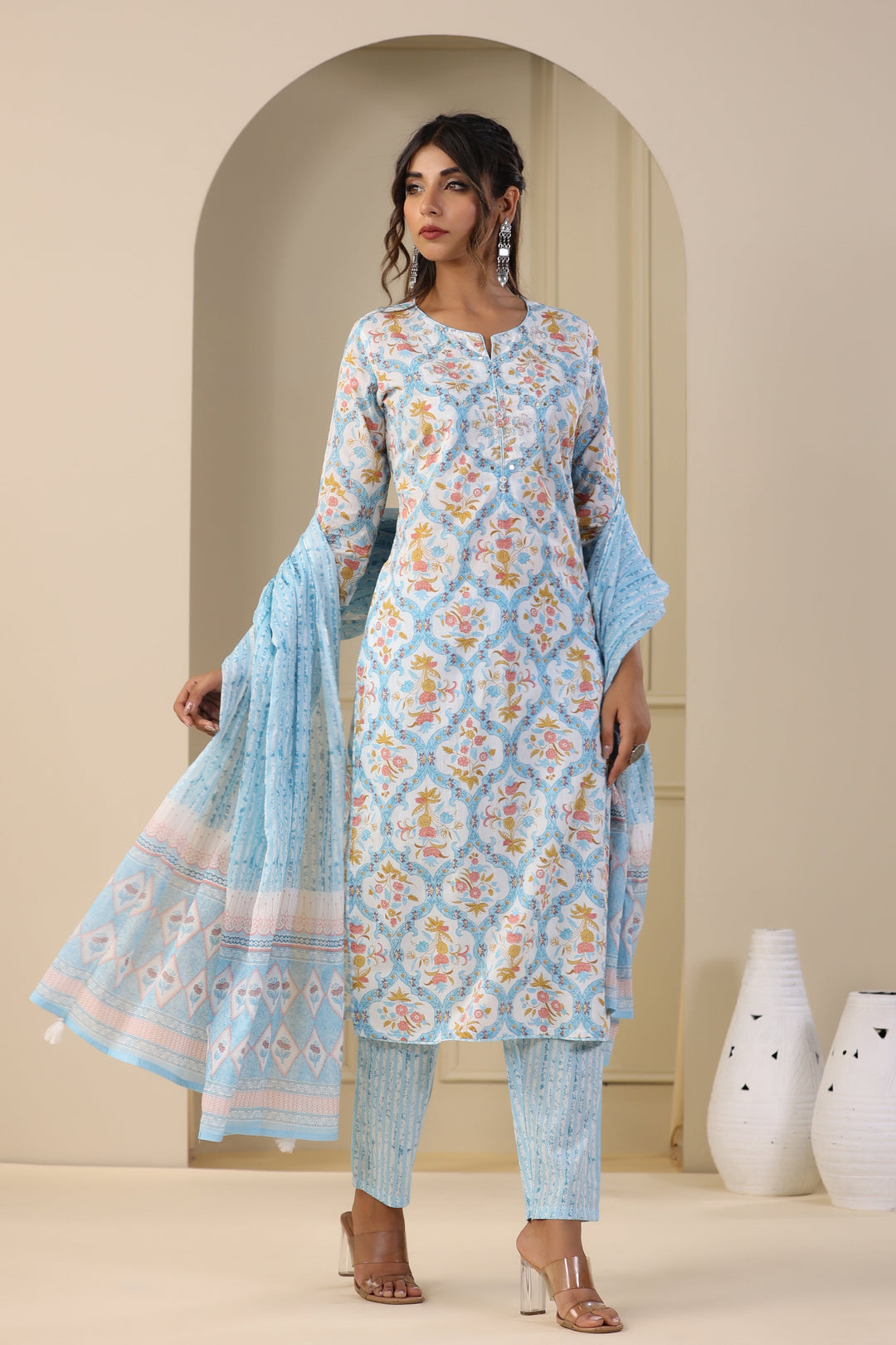 Printed Cotton Kurta With Pants &amp; Dupatta