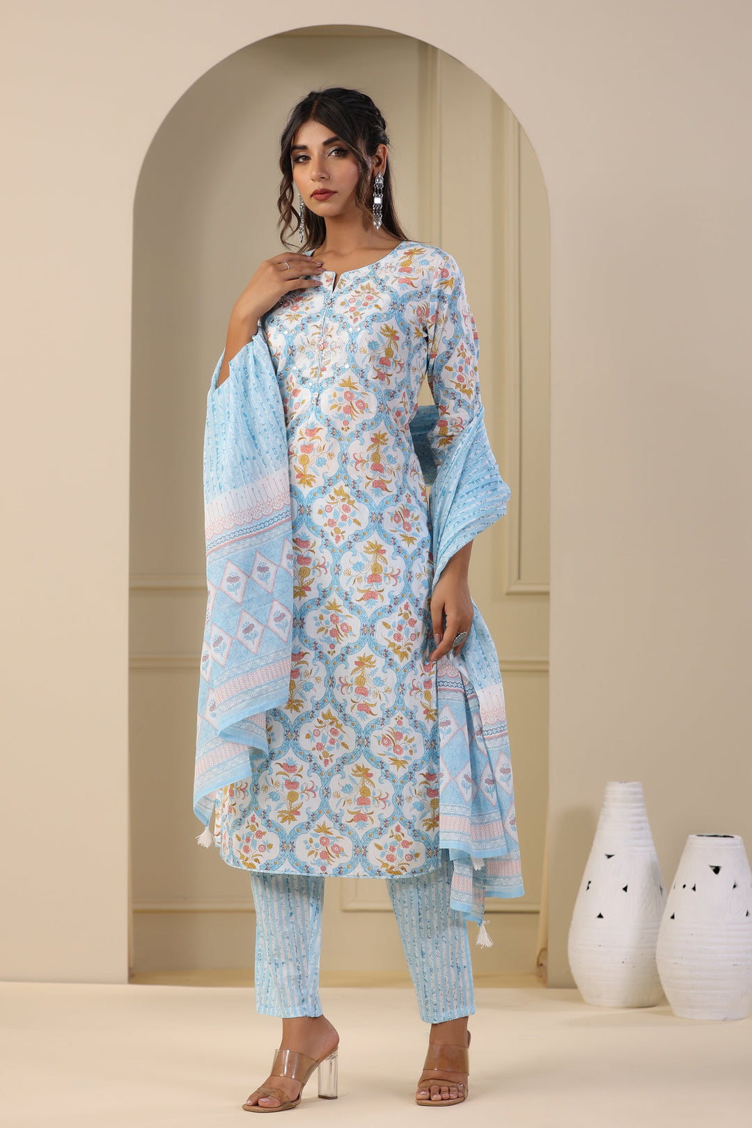 Printed Cotton Kurta With Pants &amp; Dupatta
