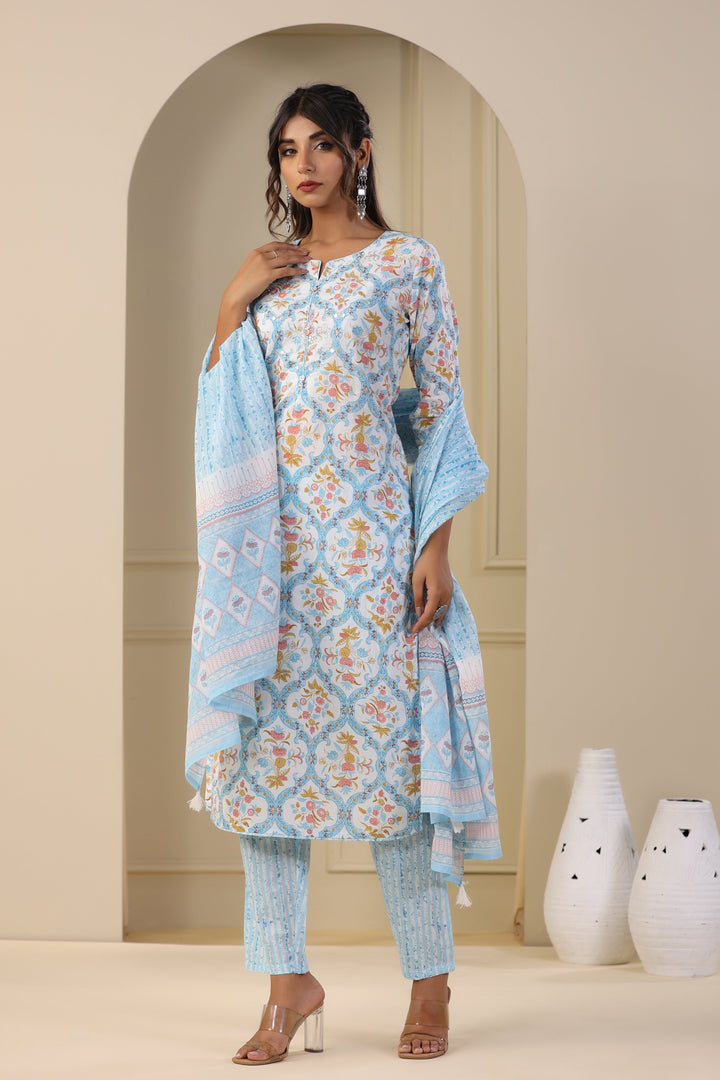 Printed Cotton Kurta With Pants &amp; Dupatta