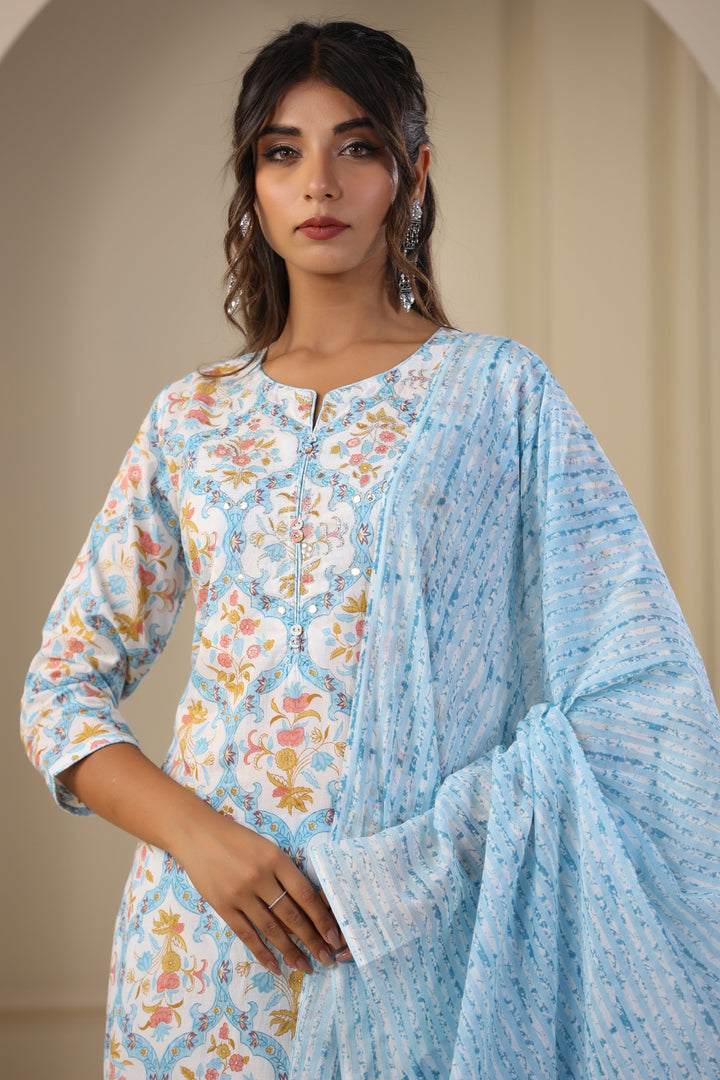 Printed Cotton Kurta With Pants &amp; Dupatta