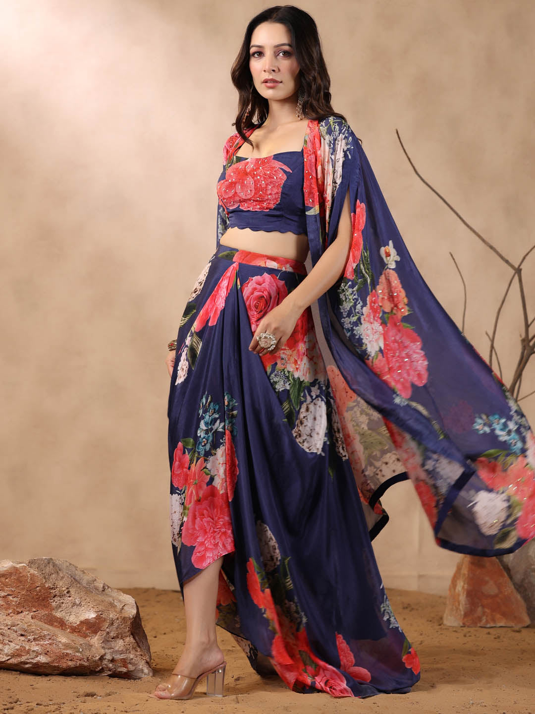 Printed Crepe Cape And Dhoti Skirt Set