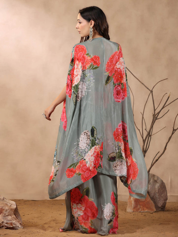 Printed Crepe Cape And Dhoti Skirt Set