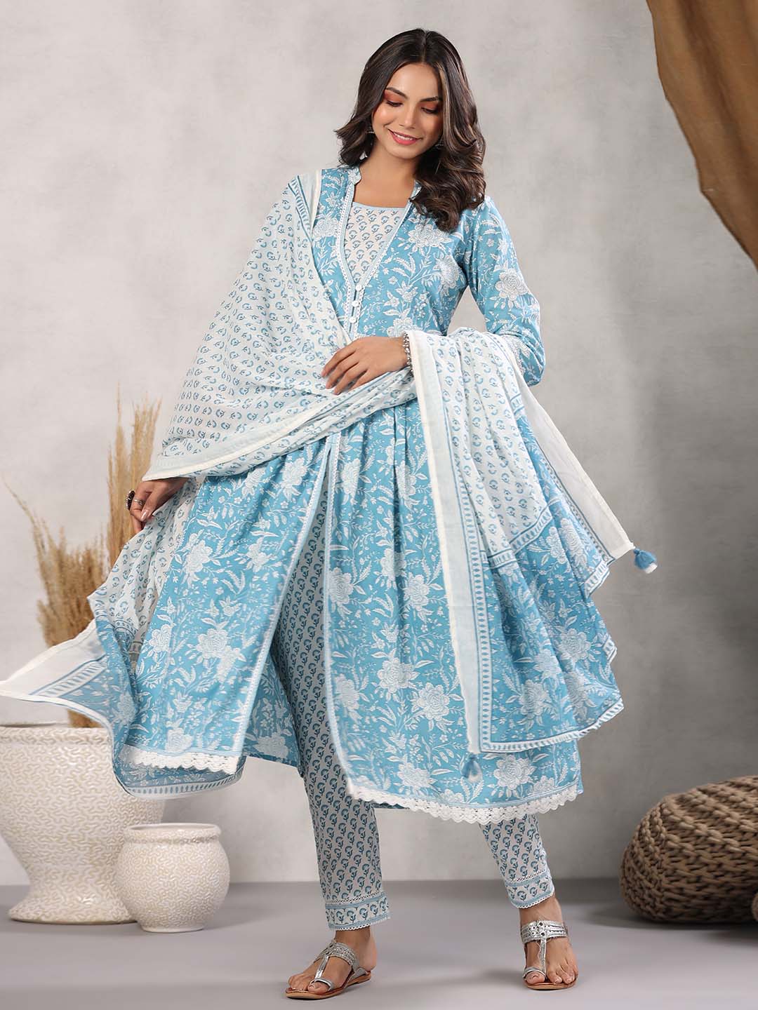 Printed Cotton Kurta With Pants &amp; Dupatta