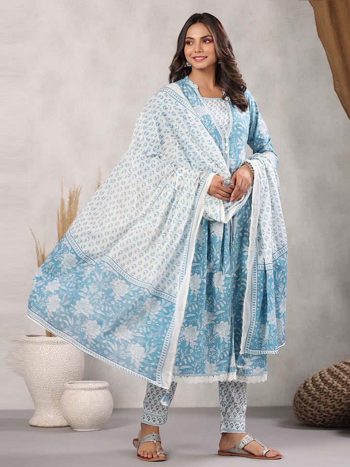 Printed Cotton Kurta With Pants &amp; Dupatta