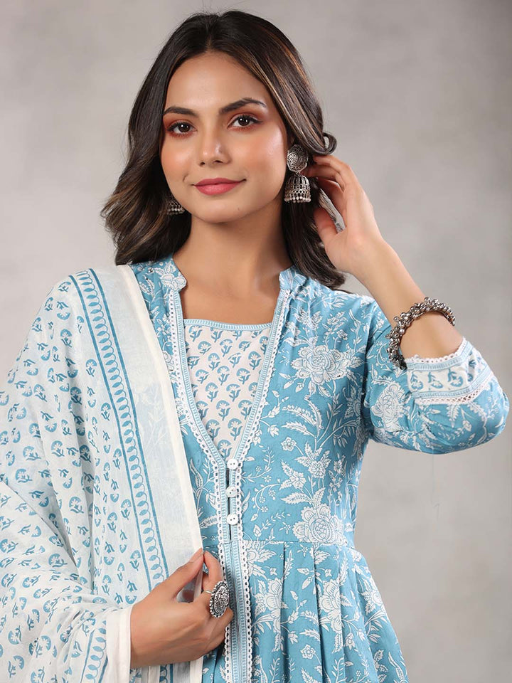 Printed Cotton Kurta With Pants &amp; Dupatta