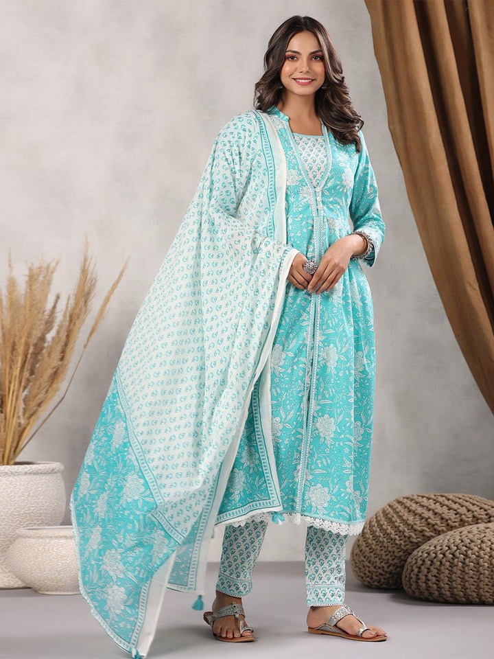 Printed Cotton Kurta With Pants &amp; Dupatta