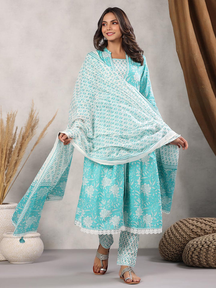 Printed Cotton Kurta With Pants &amp; Dupatta