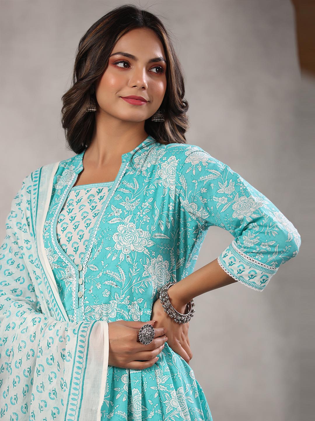 Printed Cotton Kurta With Pants &amp; Dupatta