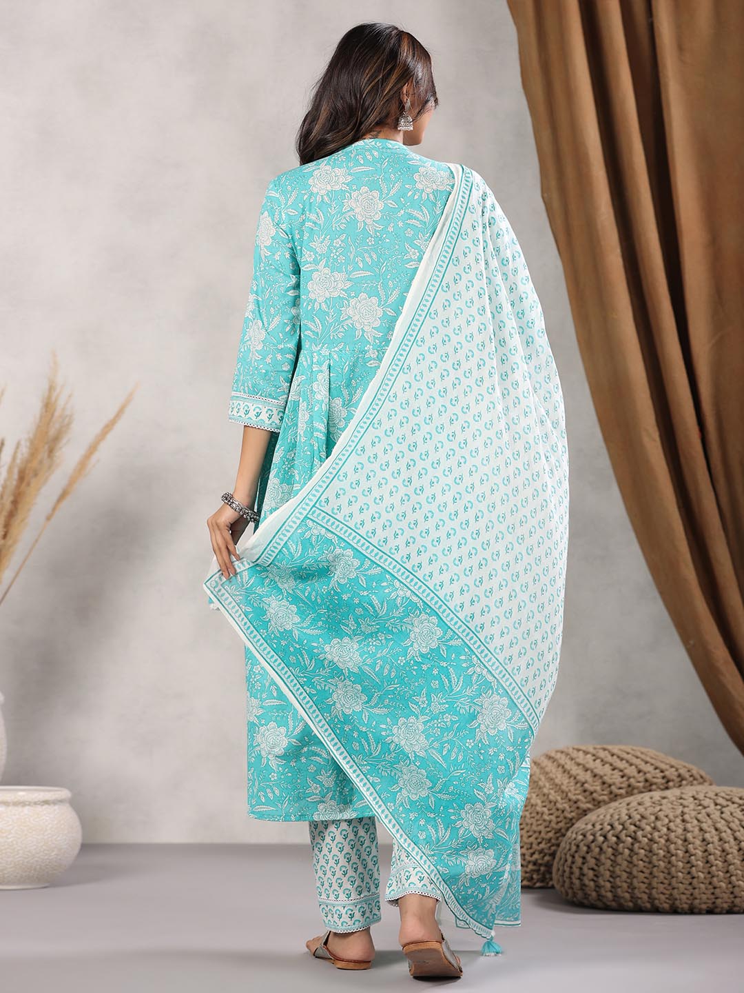 Printed Cotton Kurta With Pants &amp; Dupatta
