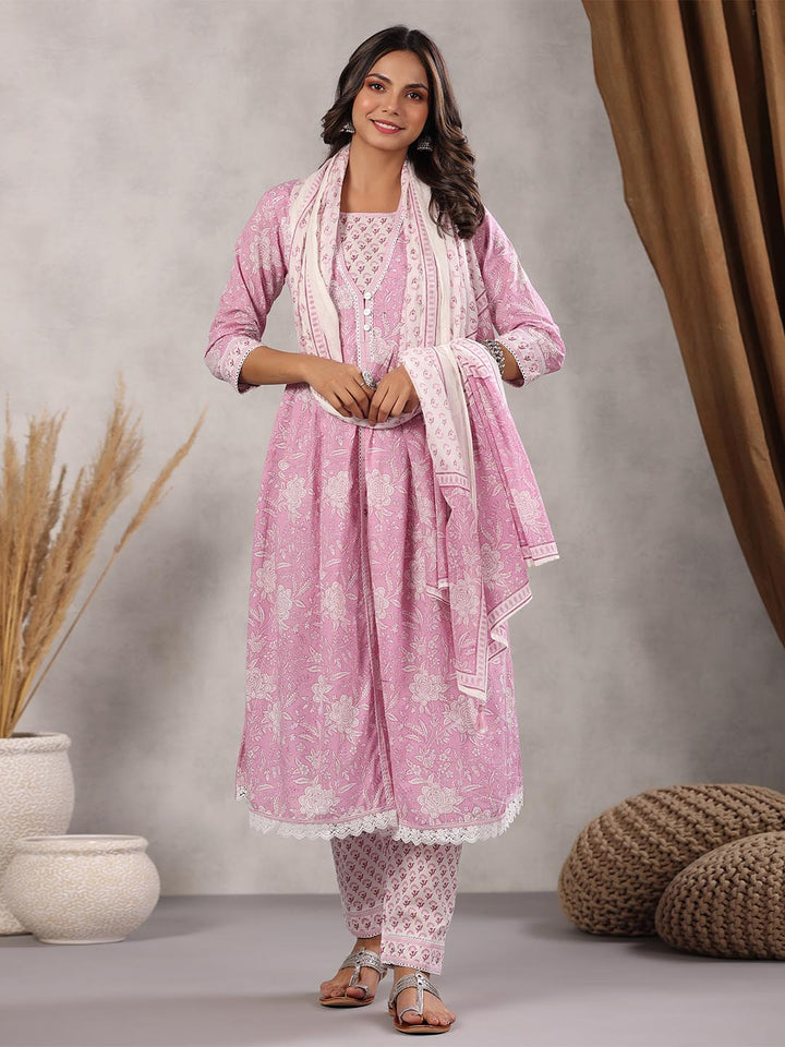 Printed Cotton Kurta With Pants &amp; Dupatta