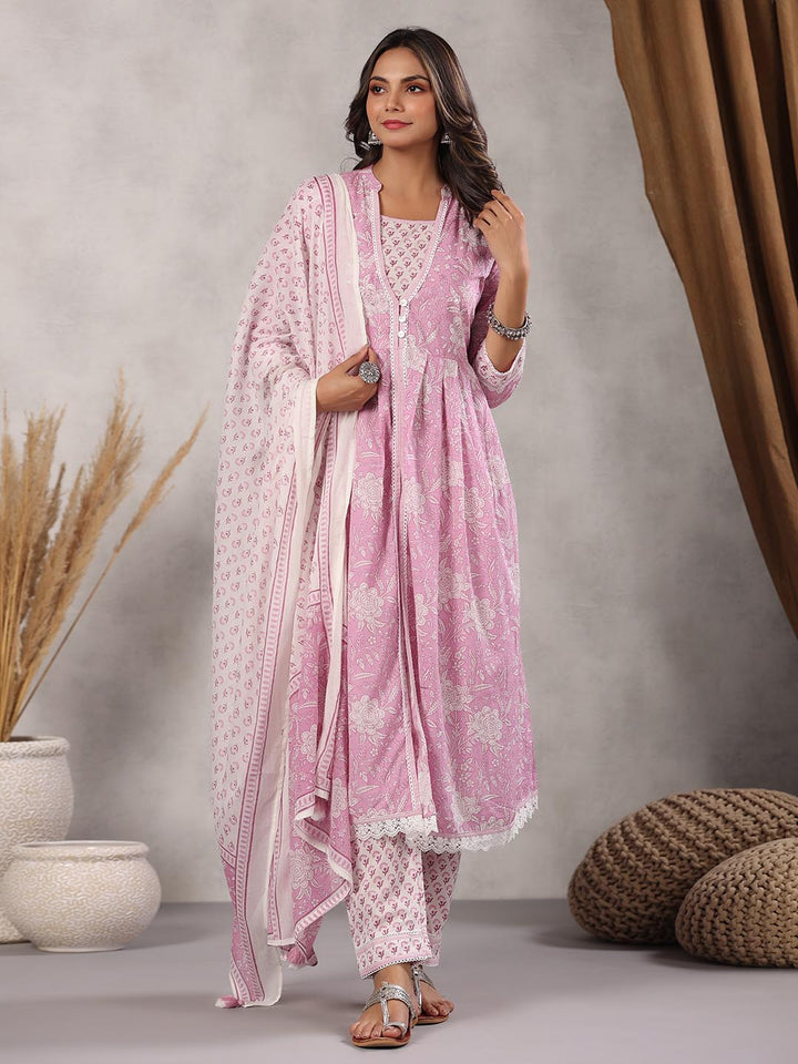 Printed Cotton Kurta With Pants &amp; Dupatta