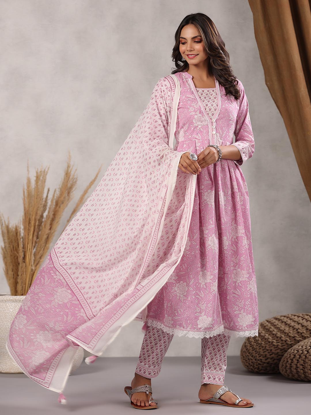 Printed Cotton Kurta With Pants &amp; Dupatta