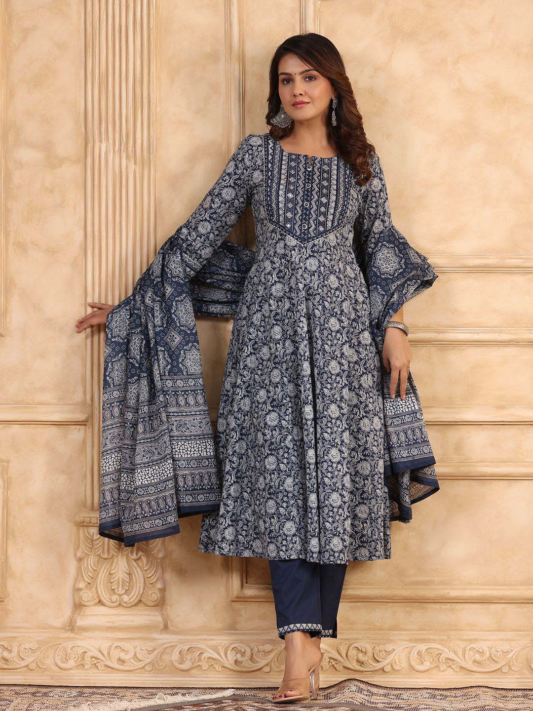 Floral Printed Anarkali Kurta With Pants &amp; Dupatta
