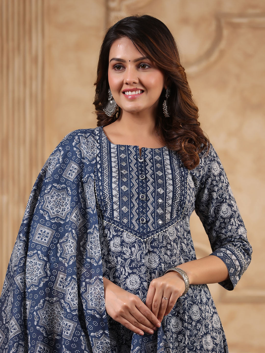 Floral Printed Anarkali Kurta With Pants &amp; Dupatta