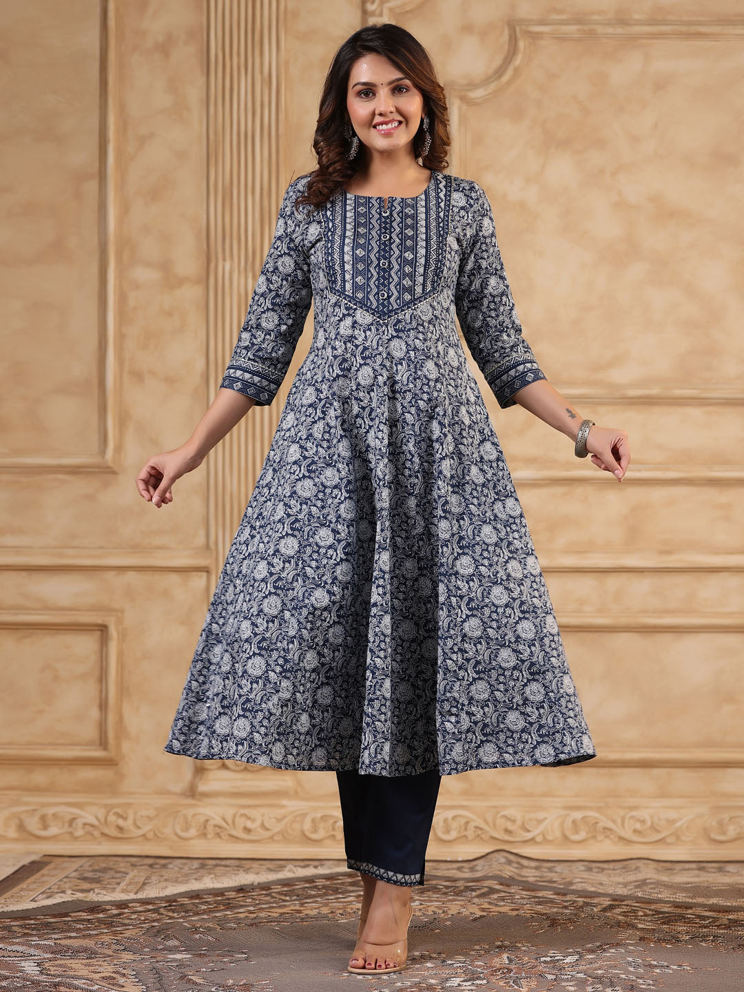 Floral Printed Anarkali Kurta With Pants &amp; Dupatta