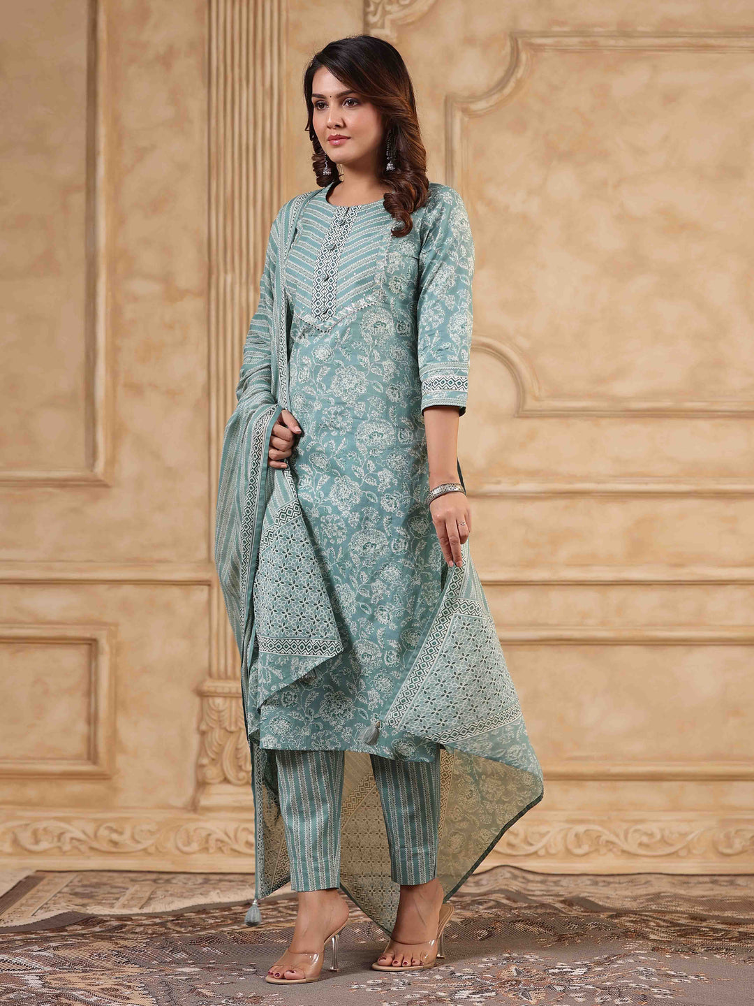 Floral Printed Kurta With Pants &amp; Dupatta
