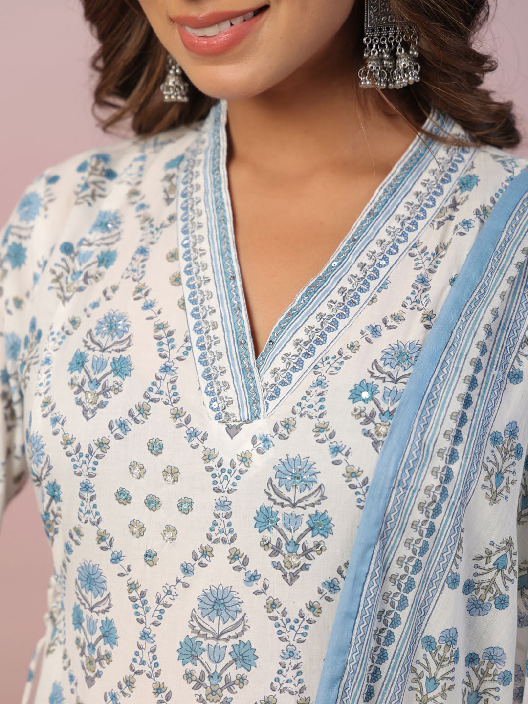 Floral Block Printed Cotton Kurta With Pants &amp; Dupatta