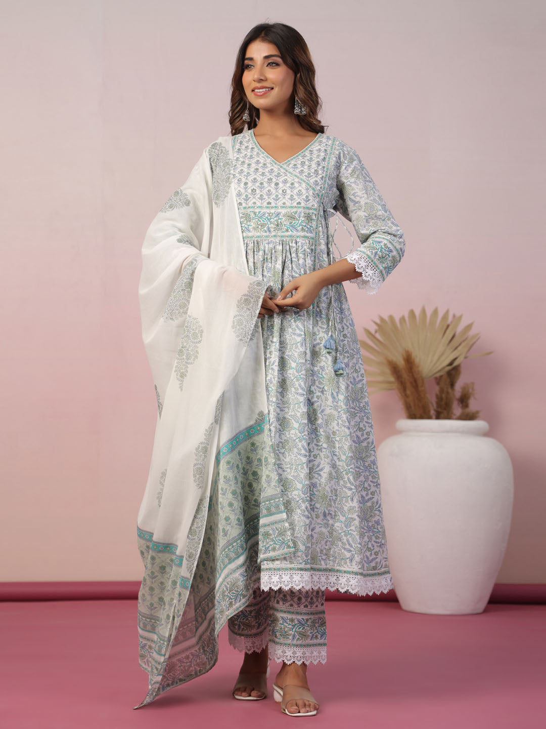 Floral Block Printed Cotton Kurta With Pants & Dupatta
