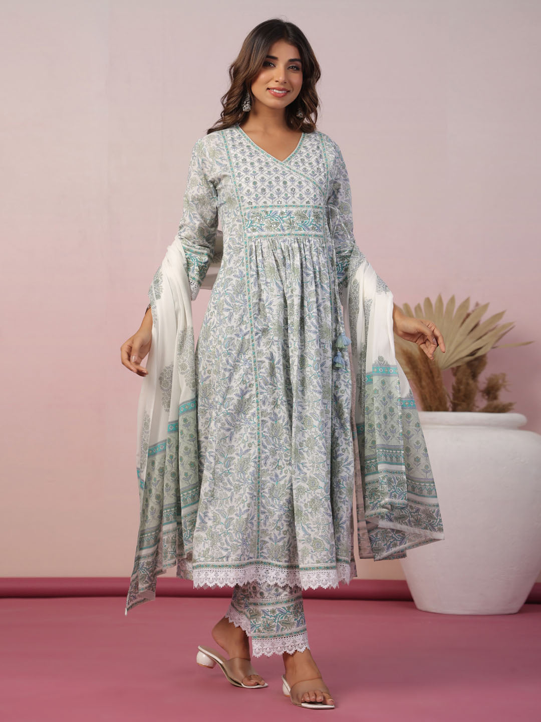 Floral Block Printed Cotton Kurta With Pants &amp; Dupatta